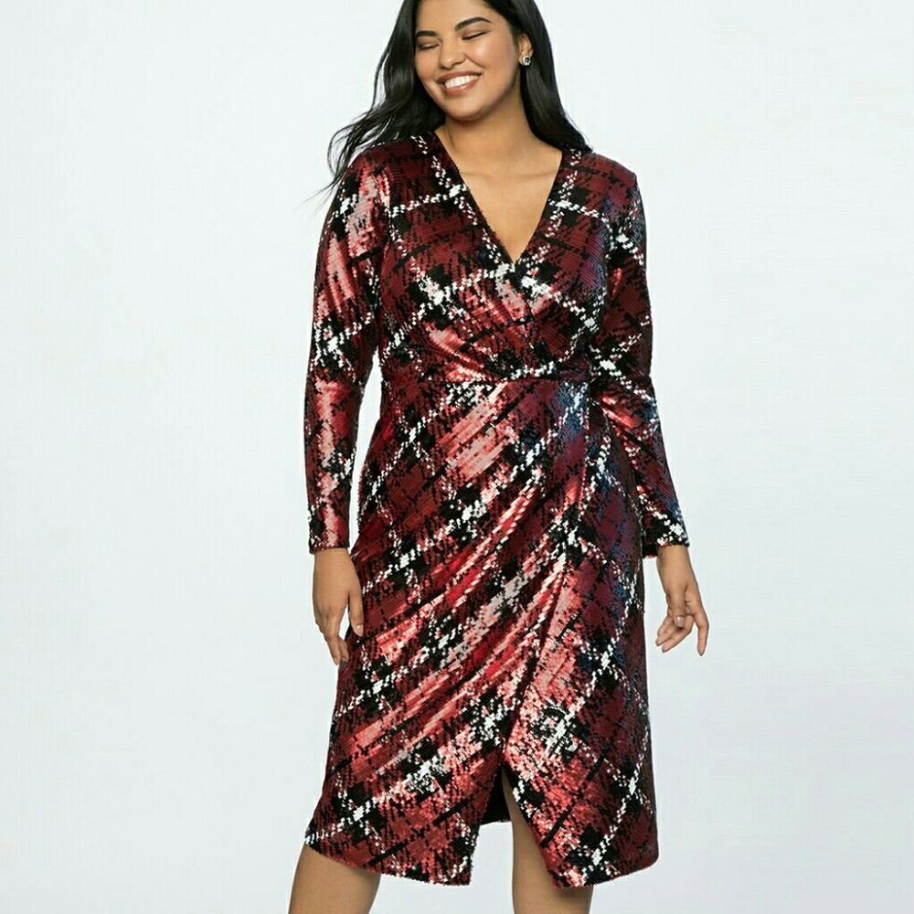 NWT Eloquii Plaid Sequin Wrap Dress Size 18